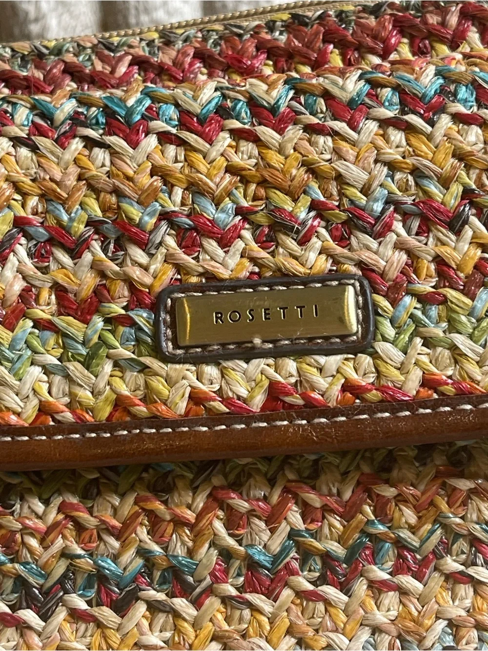 Rosetti Multicolor Woven Straw Crossbody Bag Brown Leather Trim Purse - Picture 2 of 8